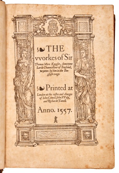 View full screen - View 1 of Lot 35. Thomas More | Workes, 1557, eighteenth-century sprinkled calf gilt, the Chatsworth copy.