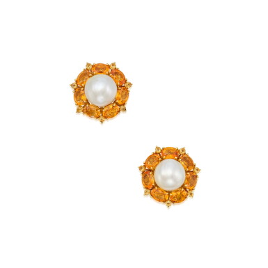 View full screen - View 1 of Lot 453. Pair of Cultured Pearl and Citrine Earclips.