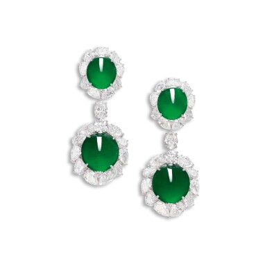 View full screen - View 1 of Lot 1643. PAIR OF JADEITE, DIAMOND AND YELLOW SAPPHIRE PENDENT EARRINGS 天然「帝王綠」翡翠 配 鑽石 及 黃色剛玉 吊耳環一對.