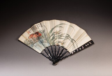 View full screen - View 1 of Lot 307. A fan with mother-of-pearl inlaid lacquer ends, 19th / 20th century.