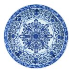 A blue and white 'bajixiang' charger Mark and period of Yongzheng | 清雍正 青花寶相花蓮托八吉祥紋折沿大盤 《大清雍正年製》款