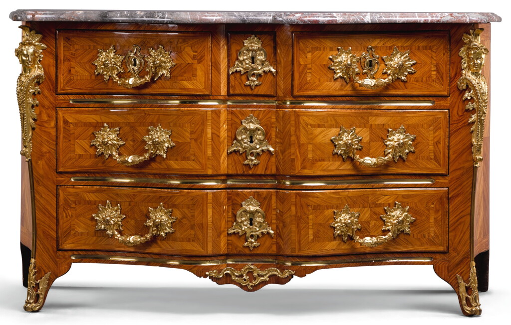 View full screen - View 1 of Lot 128. A RÉGENCE GILT-BRONZE MOUNTED AND GILT-BRASS INLAID KINGWOOD ARC-EN-ARBALÈTE COMMODE CIRCA 1720, IN THE MANNER OF ETIENNE DOIRAT.