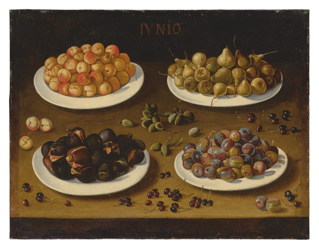 View full screen - View 1 of Lot 563. SPANISH SCHOOL, 17TH CENTURY | AN ALLEGORICAL STILL LIFE OF JUNE, WITH PLATES OF APRICOTS, PEARS, FIGS, AND PLUMS, AND ALMONDS AND CHERRIES SCATTERED ON THE TABLE.