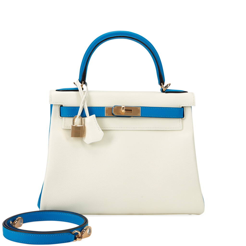 View full screen - View 1 of Lot 5604. White and Bleu Mykonos Evercolor HSS Kelly 28 Retourne Permabrass Hardware, 2019.