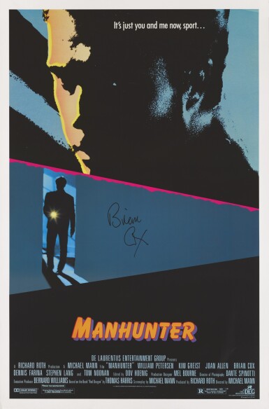 View full screen - View 1 of Lot 65. MANHUNTER (1986) SPORT STYLE POSTER, US, SIGNED BY BRIAN COX.