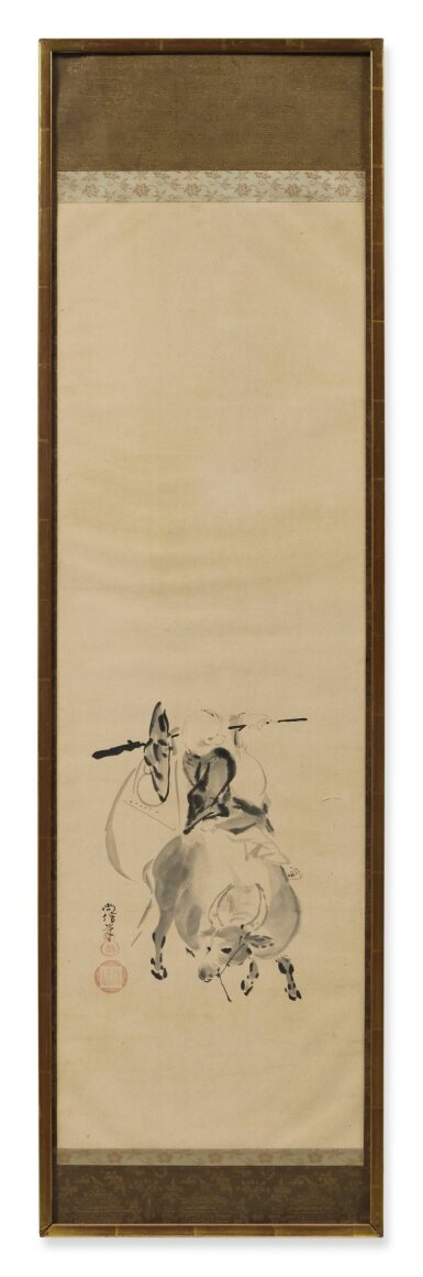 View full screen - View 1 of Lot 817. Painting of hotei on an ox, ink on paper, hanging scroll, framed, 19th century.