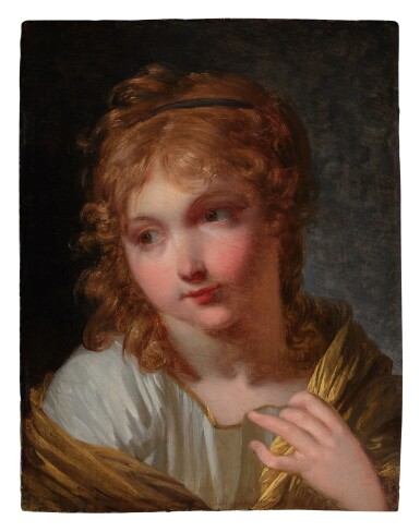 View full screen - View 1 of Lot 566. Portrait of a girl wearing a yellow shawl and blue ribbon in her hair, bust-length.
