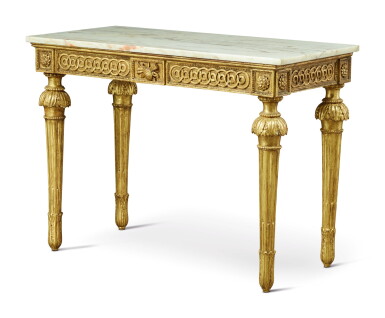 View full screen - View 1 of Lot 921. AN ITALIAN NEOCLASSICAL GILTWOOD CONSOLE TABLE WITH LATER MARBLE TOP, CIRCA 1800.