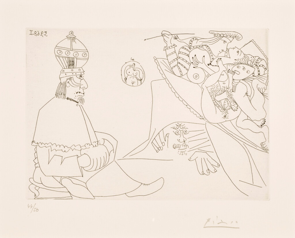 View full screen - View 1 of Lot 168. Raphaël et la Fornarina. XIX: Pape sur son pot, avec tiare et manchon; Michel-Ange est caché sous le lit, from Séries 347 (B. 1795; Ba. 1811).