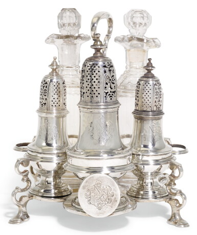 View full screen - View 1 of Lot 74. A GEORGE II SILVER WARWICK CRUET FRAME, CHARLES ALCHORNE, LONDON, 1734.