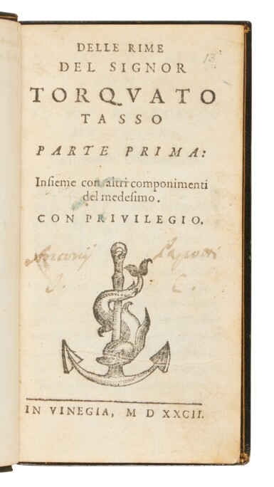 View full screen - View 1 of Lot 1472. Tasso, Delle rime, Venice, Aldo II Manuzio, 1582, nineteenth-century English dark green morocco.