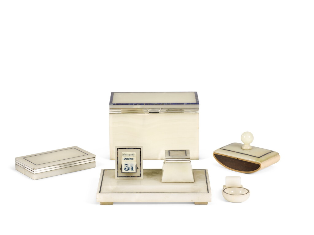 View full screen - View 1 of Lot 85. AN ART DECO SILVER-MOUNTED LAPIS LAZULI BANDED ONYX DESK SET BY HENRY GRIFFITH & SONS LTD., LONDON, 1921 AND 1922.
