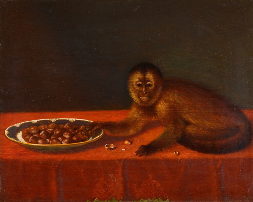 View full screen - View 1 of Lot 159. JAMES MILLER | INTERIOR WITH A MONKEY ON A TABLE WITH A PLATE OF HAZELNUTS .