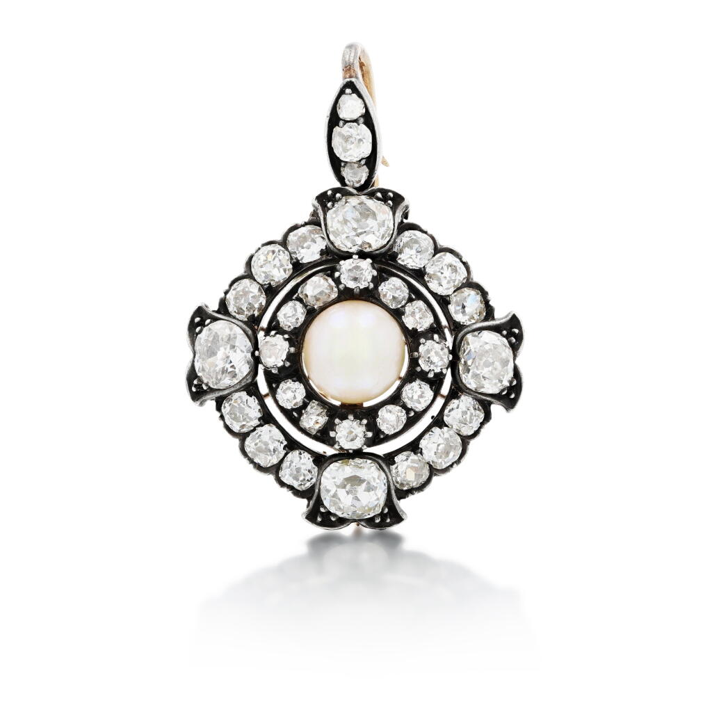 View full screen - View 1 of Lot 73. Natural pearl and diamond pendant .