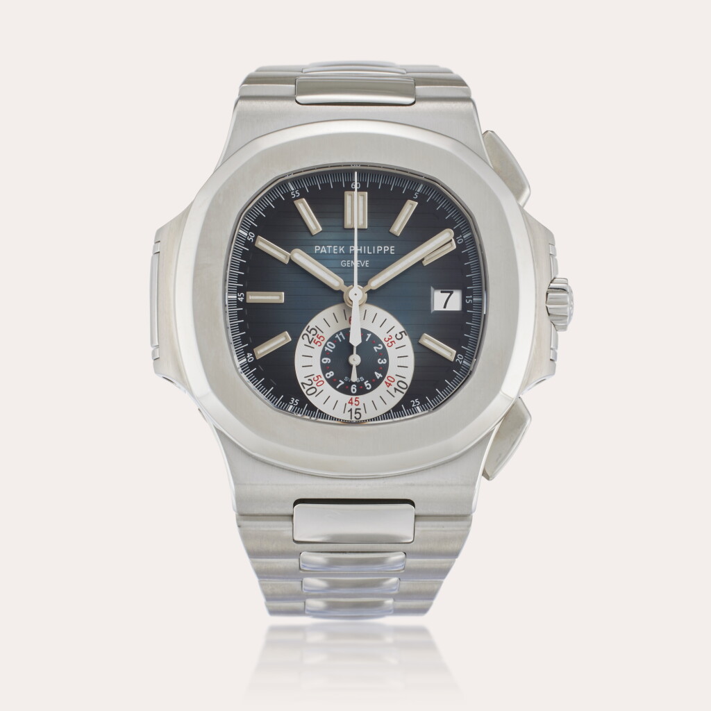 View full screen - View 1 of Lot 32. Reference 5980/1A-001 Nautilus | A stainless steel automatic flyback chronograph wristwatch with date and bracelet, Circa 2010.