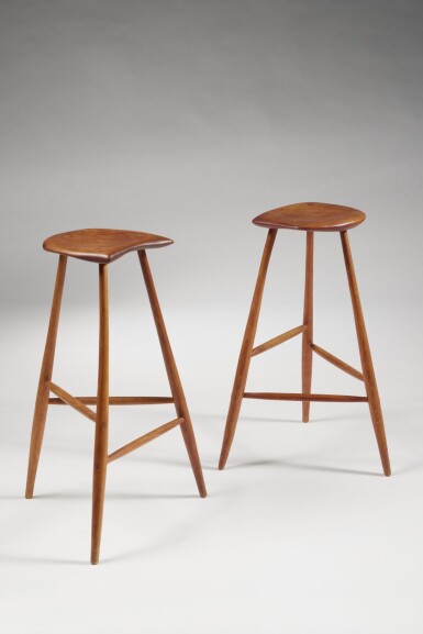 View full screen - View 1 of Lot 520. Pair of Three-Legged Stools.