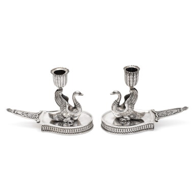 View full screen - View 1 of Lot 283. A pair of silver swan form candlestick holders, Gotthard Ferdinand Stang, St Petersburg, 1809.