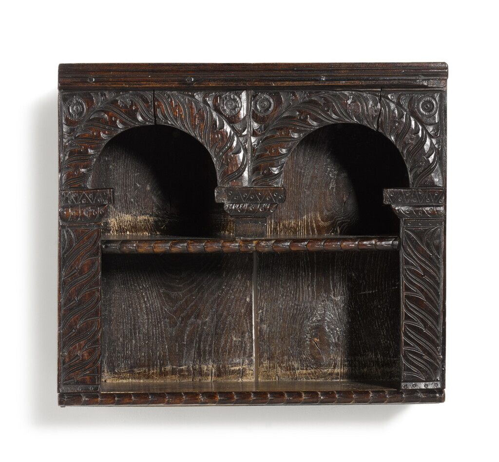 View full screen - View 1 of Lot 3. A Commonwealth boarded oak 'mural' glass case, mid 17th century.