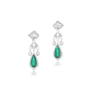 View full screen - View 1 of Lot 730. Pair of emerald and diamond pendent earrings.