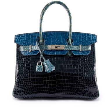View full screen - View 1 of Lot 9690. Important Private Collection: Bleu Marine, Bleu Roi and Bleu Jean Shiny Porosus Crocodile Custom Birkin 30 Palladium Hardware, 2007.