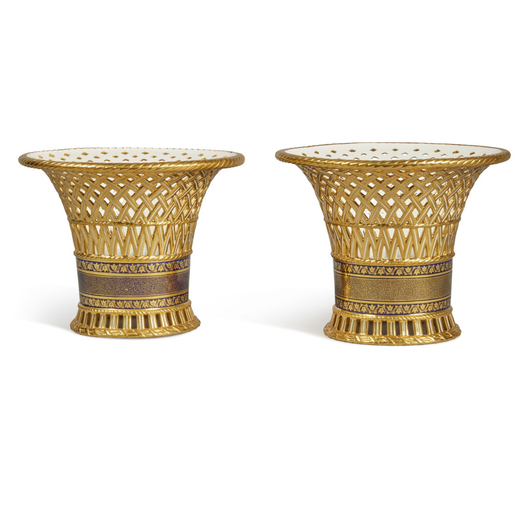 View full screen - View 1 of Lot 1283. Two Sèvres Gilt Bleu Nouveau-Ground Reticulated Footed Baskets, 'corbeille jasmin', the porcelain 1819-1821, the decoration 1819 and 1862.
