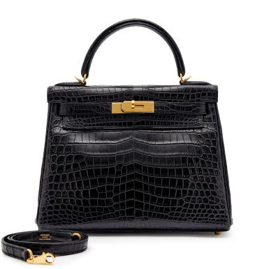 View full screen - View 1 of Lot 176. Black Matte Crocodile Niloticus Kelly 28 Retourne Gold Hardware, 2014.