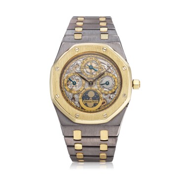 View full screen - View 1 of Lot 330. Reference 25829TA.OO.0944TA.01 Royal Oak A limited edition tantalum and yellow gold automatic skeletonized perpetual calendar wristwatch with bracelet, Circa 1997.