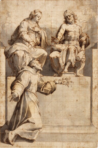 View full screen - View 1 of Lot 32. Christ Enthroned with the Madonna, Saint Francis kneeling below.