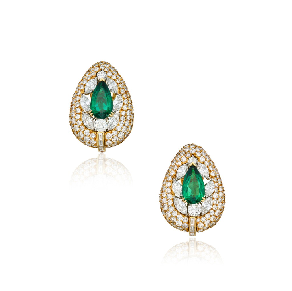 View full screen - View 1 of Lot 417. Pair of Emerald and Diamond Earclips .