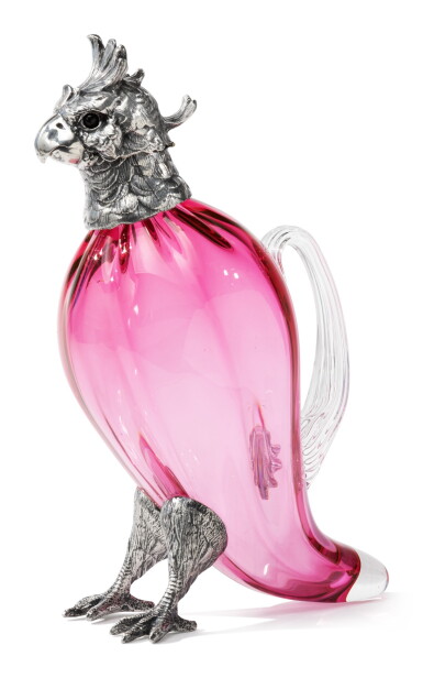 View full screen - View 1 of Lot 238. An English Silver-Mounted Glass Parrot-Form Claret Jug, Maker's Mark E&J, London, 2000.