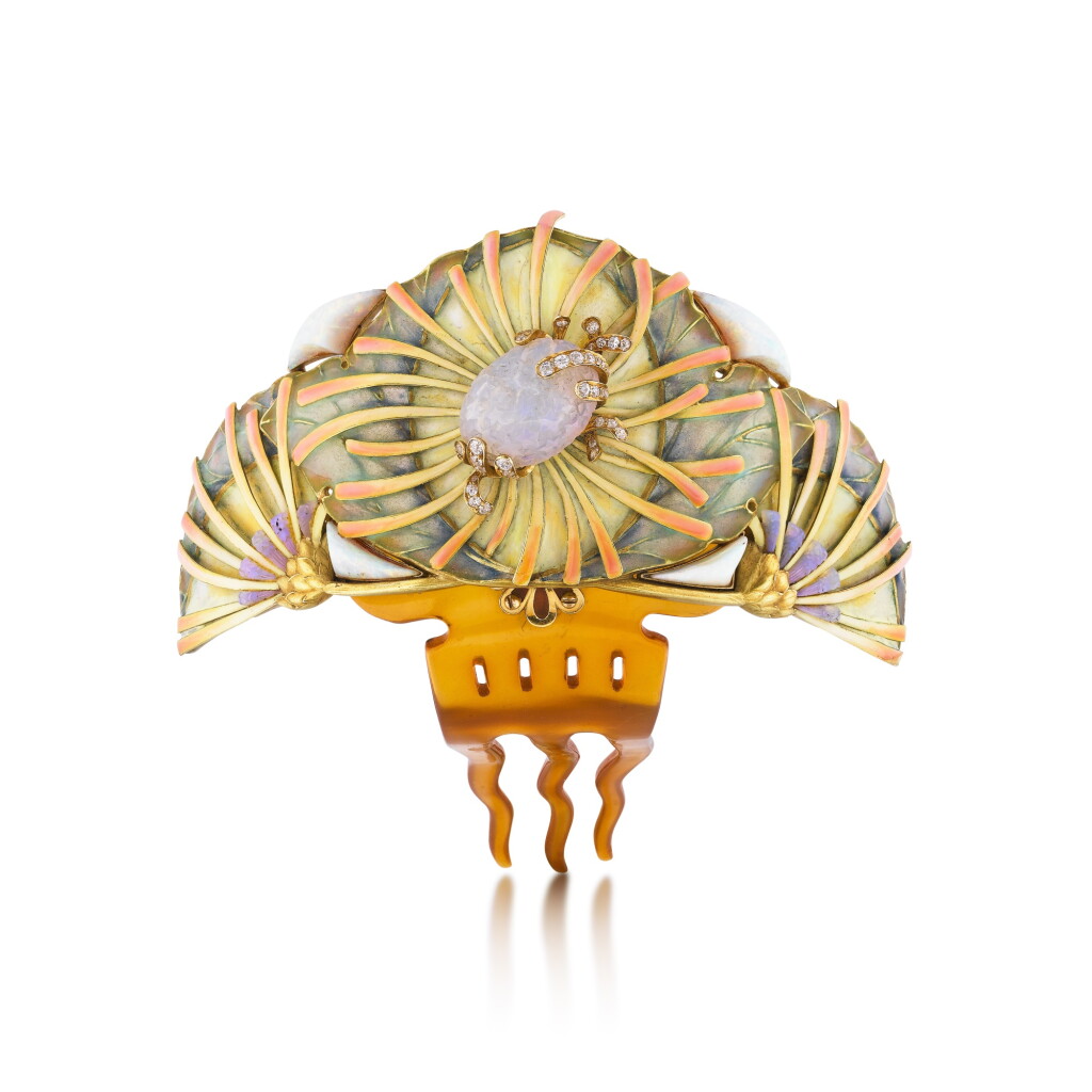 View full screen - View 1 of Lot 18. Diadème émail, opale, pâte de verre et diamants | Enamel, opal, glass paste and diamond tiara.