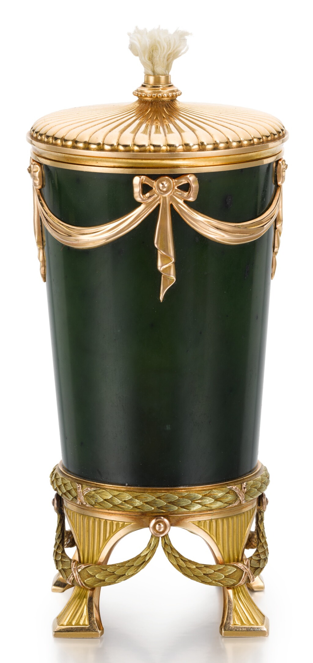 View full screen - View 1 of Lot 311. A FABERGÉ THREE-COLOUR GOLD AND NEPHRITE TABLE LIGHTER, WORKMASTER HENRIK WIGSTRÖM, ST PETERSBURG, 1904-1917.