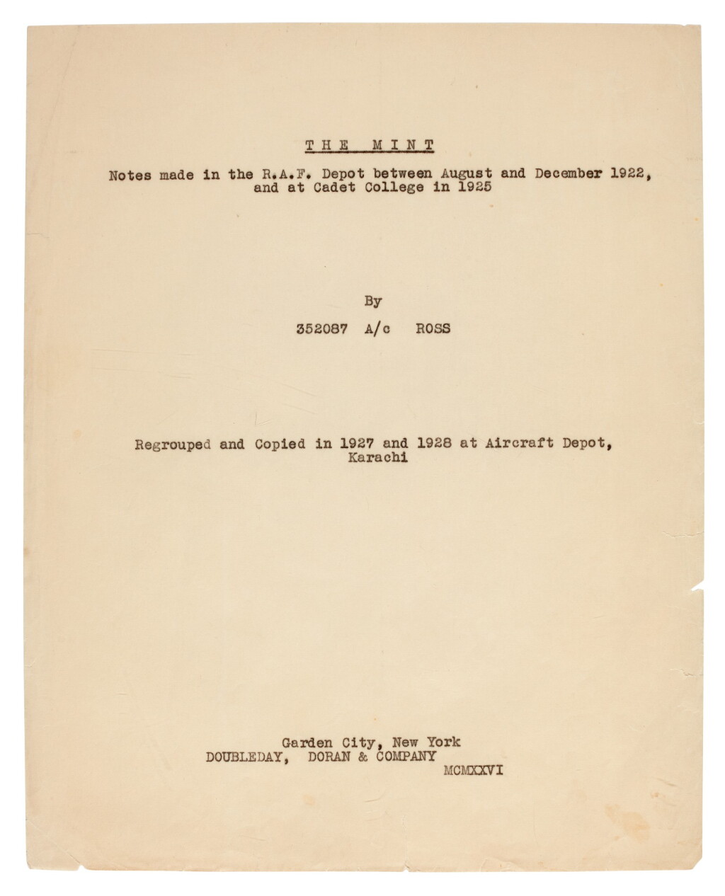 View full screen - View 1 of Lot 119. LAWRENCE, T.E. | The Mint, carbon typescript copy, c.1936.