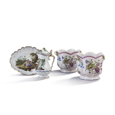 View full screen - View 1 of Lot 696. A French faience water jug and basin, probably second-half 18th century, probably Sceaux.