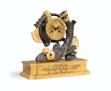 View full screen - View 1 of Lot 112. A RESTAURATION GILT-BRONZE CLOCK | PENDULE EN BRONZE PATINÉ ET DORÉ D'ÉPOQUE RESTAURATION.
