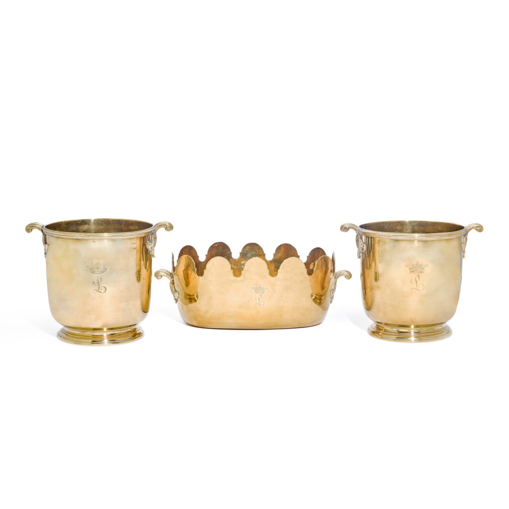 View full screen - View 1 of Lot 23. A French brass Monteith and pair of brass bottle coolers, circa 1770.