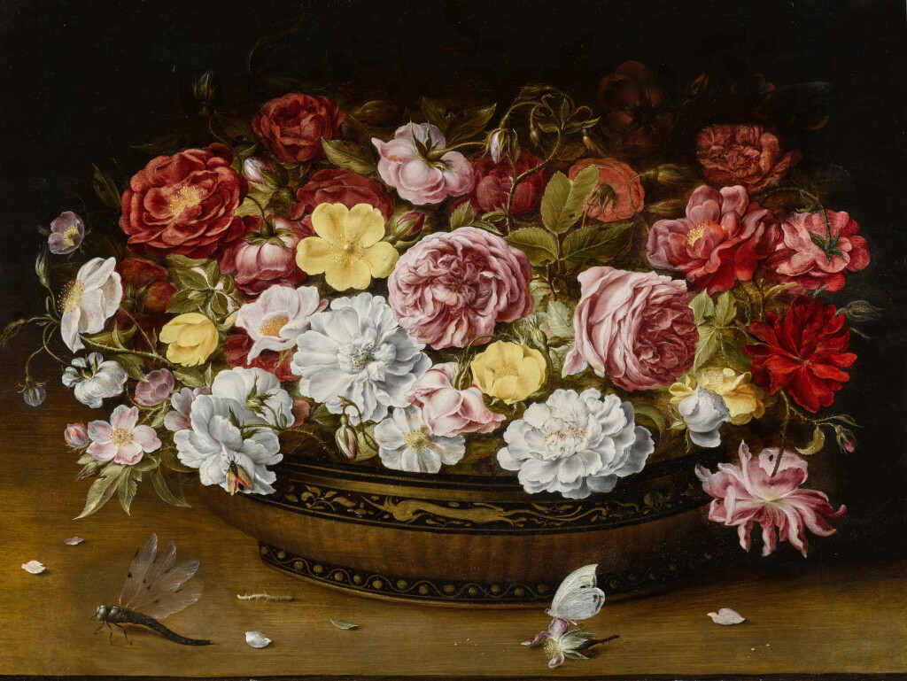View full screen - View 1 of Lot 18. Still life of roses in an oriental lacquer and canework bowl, on a ledge with a butterfly and dragonfly.