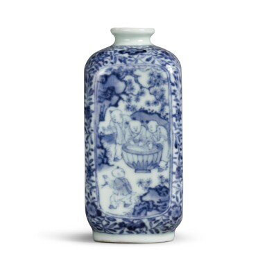 View full screen - View 1 of Lot 264. An exquisite and rare small blue and white 'boys' vase, Mark and period of Yongzheng | 清雍正 青花開光嬰戲圖小方瓶 《大清雍正年製》款.