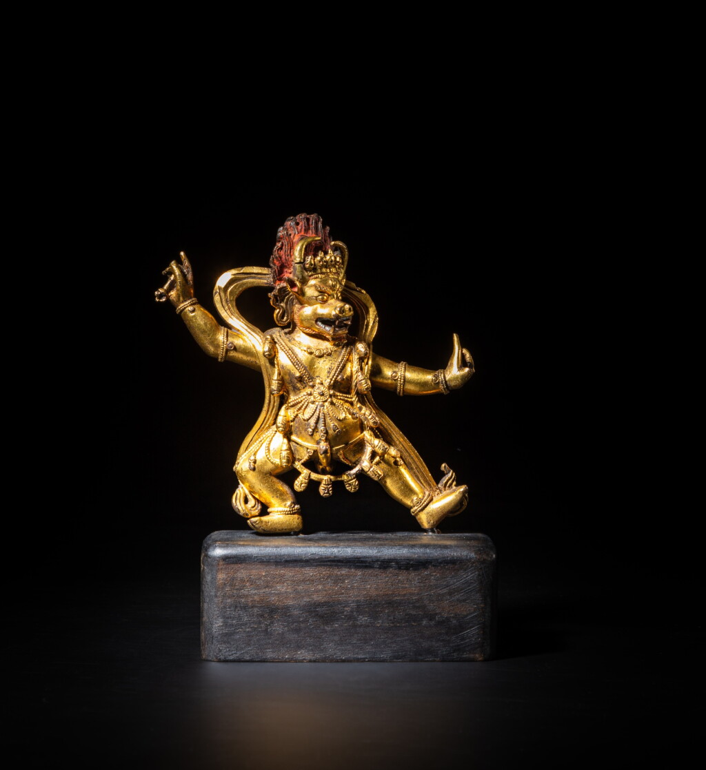View full screen - View 1 of Lot 23. A gilt-bronze figure of Yama Dharmaraja, Qing dynasty, 18th century | 清十八世紀 鎏金銅閻摩法王立像.