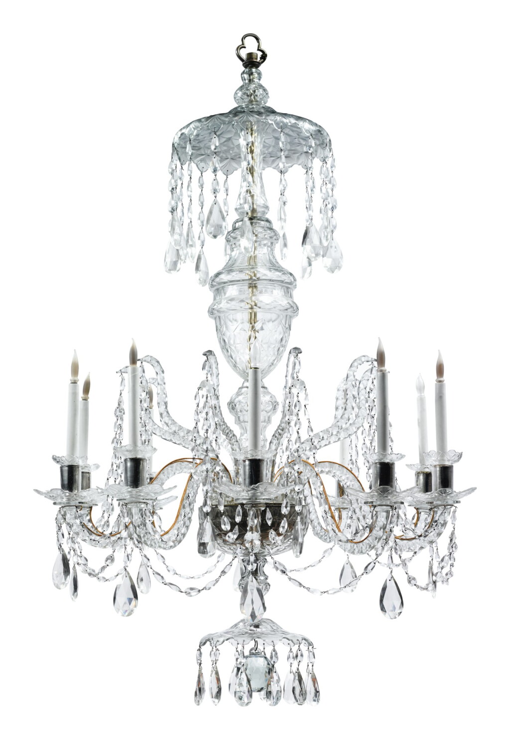 View full screen - View 1 of Lot 281. A GEORGE III STYLE CUT GLASS TEN-LIGHT CHANDELIER.