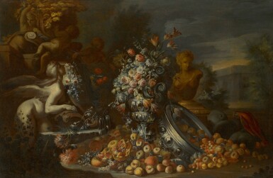 View full screen - View 1 of Lot 110. GAETANO CUSATI | STILL LIFE OF FLOWERS IN A VASE, WITH FRUITS SPILLING FROM AN UPTURNED SILVER BOWL, STATUES AND A PARROT IN AN ITALIANATE LANDSCAPE.