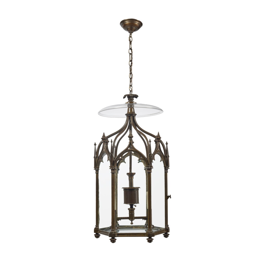 View full screen - View 1 of Lot 1235. A Gothic Revival Bronze Hexagonal Hall Lantern, 19th Century.