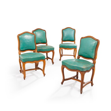 View full screen - View 1 of Lot 183. A set of four beechwood chairs, Louis XV, circa 1750, stamped by Etienne Meunier | Suite de quatre chaises à dossier plat en hêtre, d’époque Louis XV, vers 1750, estampille d'Etienne Meunier.