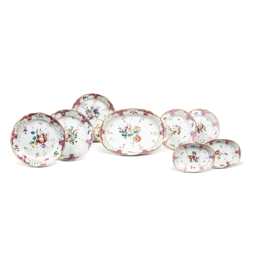 View full screen - View 1 of Lot 60. An Ansbach porcelain puce-ground ‘Berliner Muster’-pattern part dinner service, circa 1770 .
