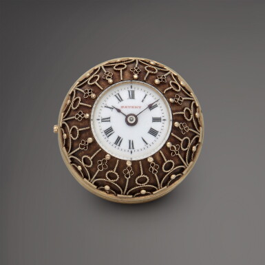 View full screen - View 1 of Lot 549. Boule de Genève | A yellow gold, enamel and diamond-set ball-shaped pendant watch | Circa 1867.