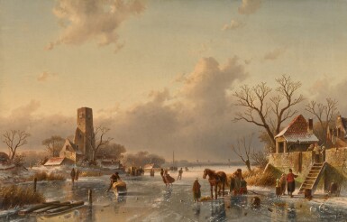 View full screen - View 1 of Lot 29. Skaters on a frozen stream.