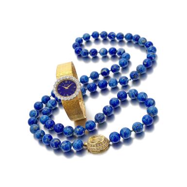 View full screen - View 1 of Lot 145. Yellow sapphire and lapis lazuli necklace, Piaget diamond wristwatch (Collana in lapislazzuli e zaffiro giallo e orologio da polso in diamanti Piaget).