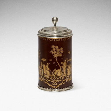 View full screen - View 1 of Lot 5. A Böttger polished red stoneware Hausmaler tankard, with silver mounts, Circa 1715-20, the decoration probably Circa 1725-40, the mounts contemporary.