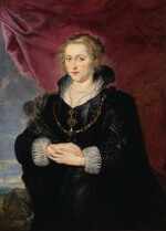 SIR PETER PAUL RUBENS | PORTRAIT OF A LADY, THREE-QUARTER LENGTH, WEARING AN ELABORATE BLACK DRESS AND CLOAK, BEFORE A RED DRAPE AND A DISTANT LANDSCAPE
