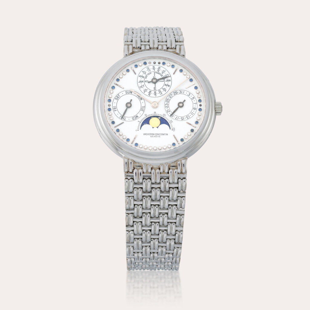 View full screen - View 1 of Lot 139. Reference 43031 | A platinum, sapphire and diamond-set perpetual calendar wristwatch with moon phases and leap year indication | Circa 1990.